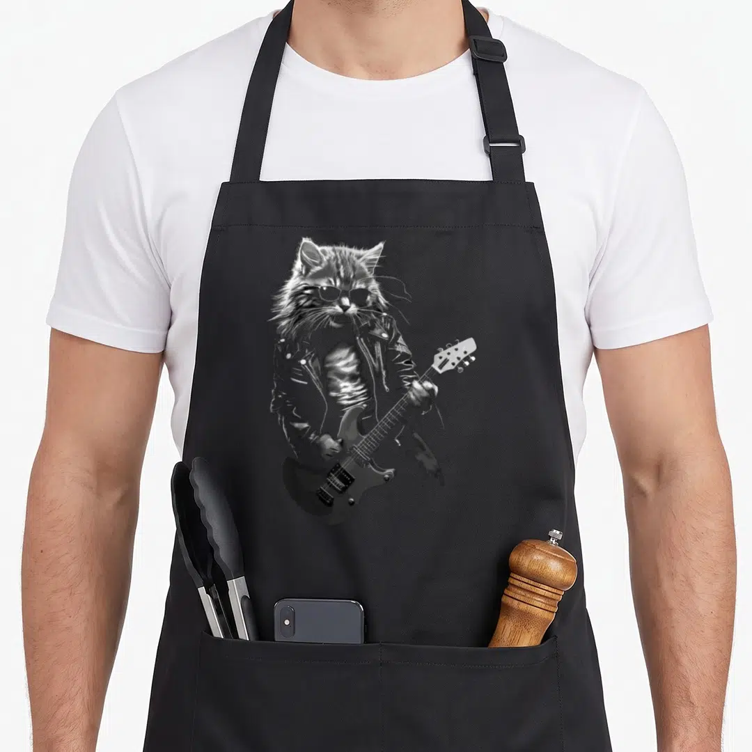 Roll cat apron - Realistic grey and black cat standing with electric guitar and sunglasses — shown on a black cotton canvas apron against a white background