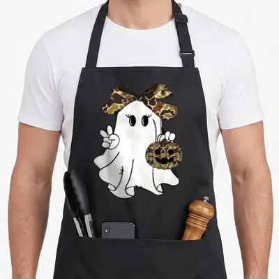 Camouflage halloween apron - White cartoon ghost with camo bow and pumpkin making a peace sign — shown on a black cotton canvas apron against a white background