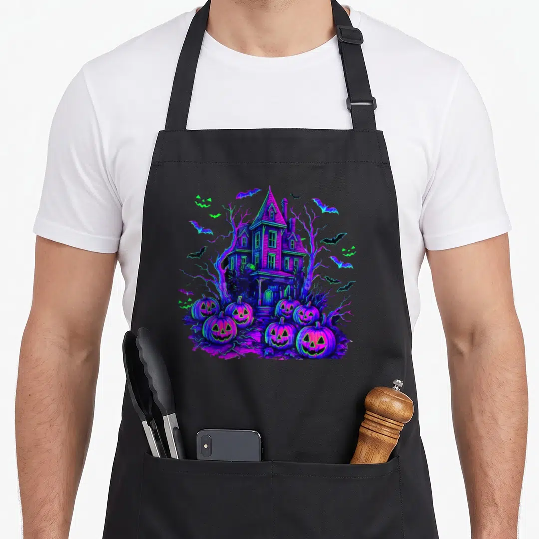 Scene halloween apron - Cartoon haunted house with flying bats, bare trees, and carved pumpkins in purple blue green — shown on a black cotton canvas apron against a white background