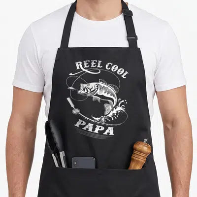 Papa fishing aprons - White line art of a jumping fish with REEL COOL PAPA text and fishing rod wrapping the scene — shown on a black cotton canvas apron against a white background