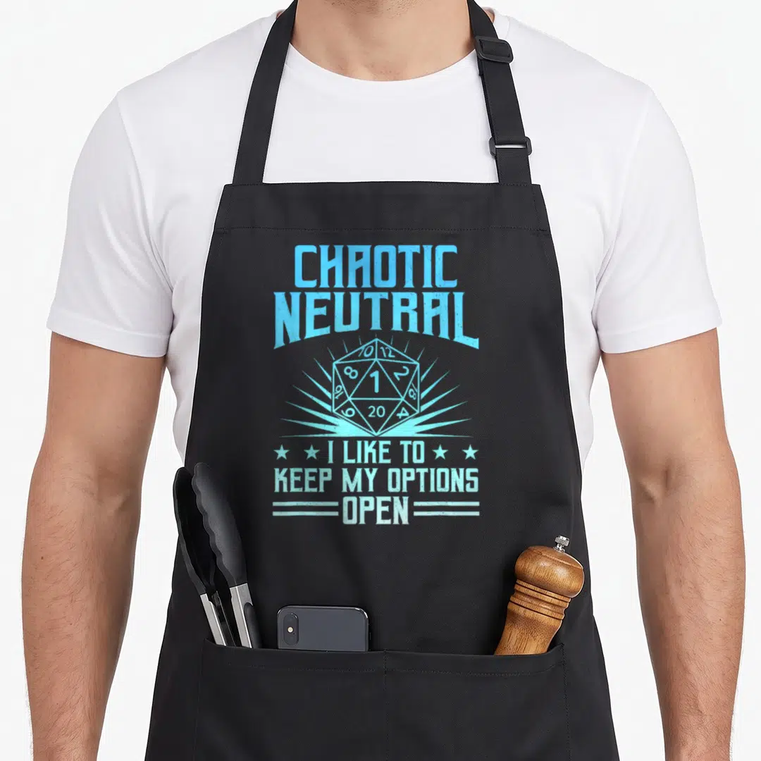 Chaotic open apron - Light blue d20 die with CHAOTIC NEUTRAL text and distressed stars — shown on a black cotton canvas apron against a white background