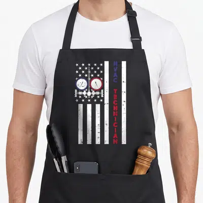 Hvac american flag apron - Manifold gauge set over distressed flag with stacked HVAC TECHNICIAN text in blue and red — shown on a black cotton canvas apron against a white background