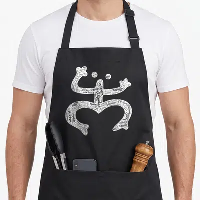 Coqui albarino apron - White coqui frog shape made of Puerto Rican town names like Ponce Bayamon and Caguas — shown on a black cotton canvas apron against a white background