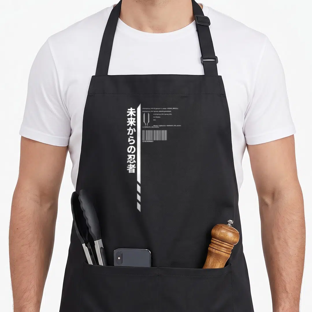 Ninja goth apron - Vertical white katana, Japanese text, C code, barcode — shown on a black cotton canvas apron against a white background