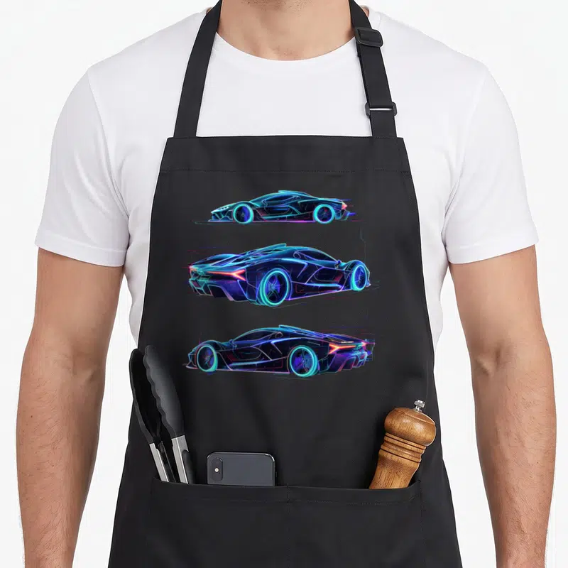 Futuristic car apron - Three neon blue and magenta sports cars stacked vertically in a cartoon sketch style — shown on a black cotton canvas apron against a white background
