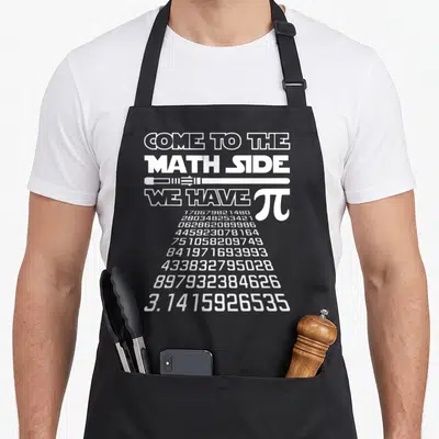 Come pie apron - White text COME TO THE MATH SIDE WE HAVE PI with lightsaber and digit column — shown on a black cotton canvas apron against a white background
