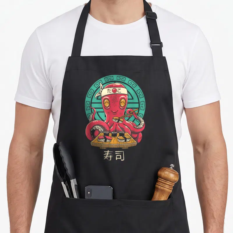 Octo sushi apron - Red cartoon octopus holding sushi with chopsticks, teal frame, Japanese text on headband and tray — shown on a black cotton canvas apron against a white background