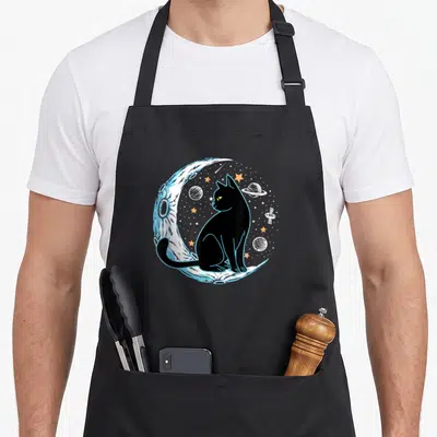 Phase pet apron - Black cat sitting on light blue crescent moon with white planets, orange stars, and satellite — shown on a black cotton canvas apron against a white background