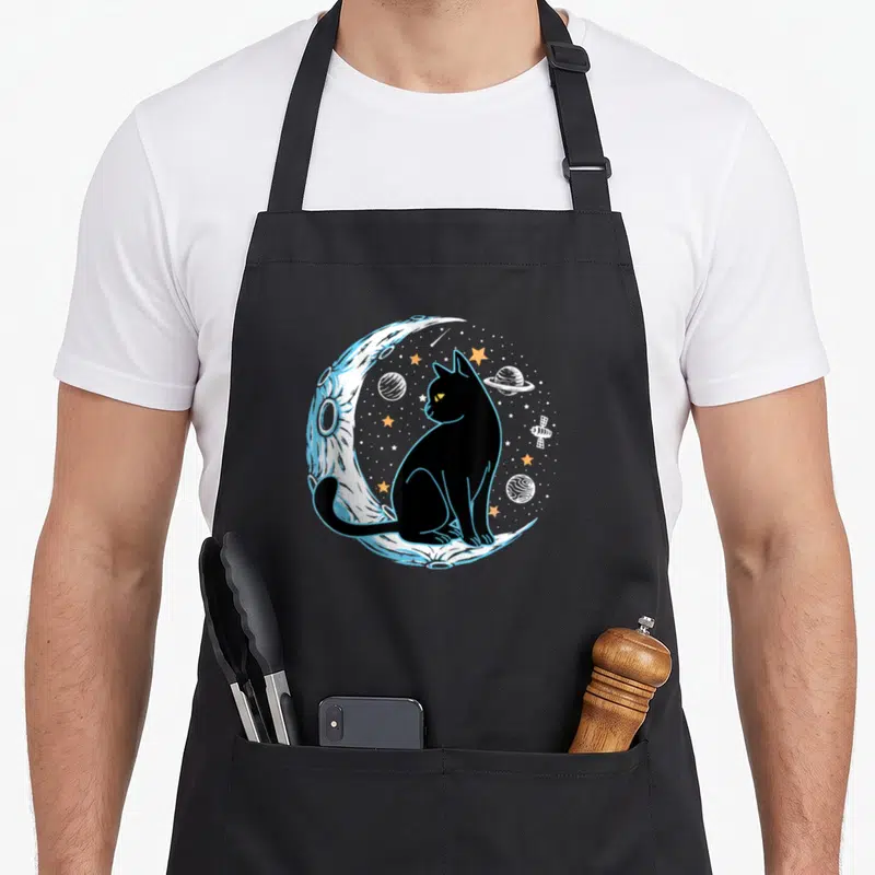 Phase pet apron - Black cat sitting on light blue crescent moon with white planets, orange stars, and satellite — shown on a black cotton canvas apron against a white background