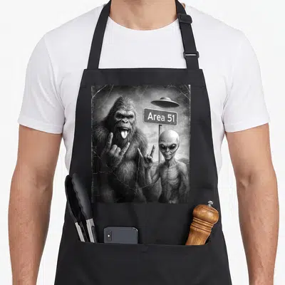 Area bigfoot apron - Bigfoot and alien making rock signs next to Area 51 street sign in monochrome illustration — shown on a black cotton canvas apron against a white background