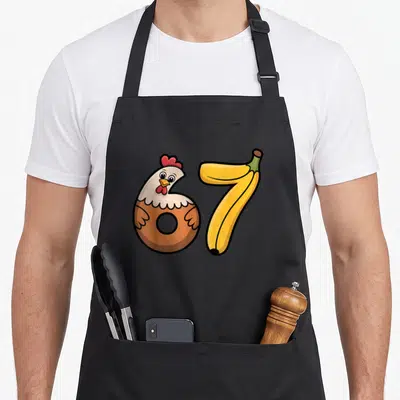 Banana chicken apron - Cartoon chicken shaped like number 6 next to a banana shaped like number 7 — shown on a black cotton canvas apron against a white background