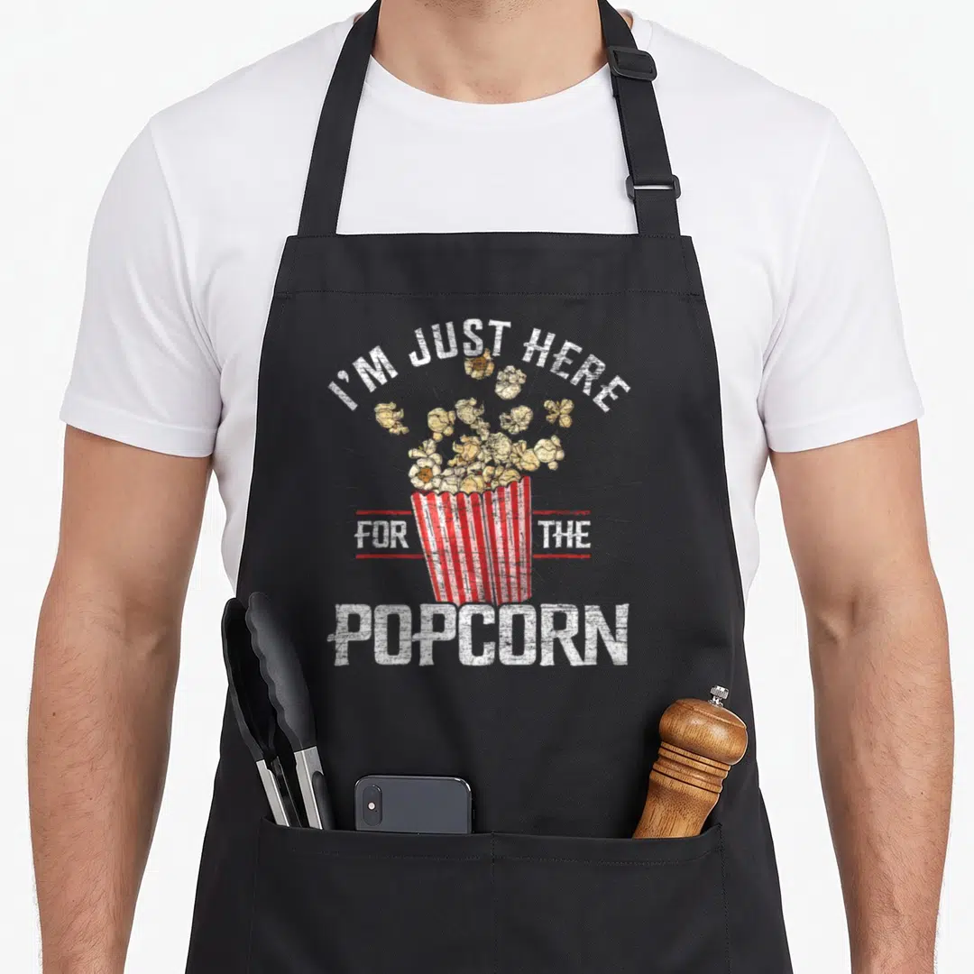 Vintage popcorn apron - Striped popcorn bucket with overflowing kernels and sarcastic text in distressed white and red — shown on a black cotton canvas apron against a white background