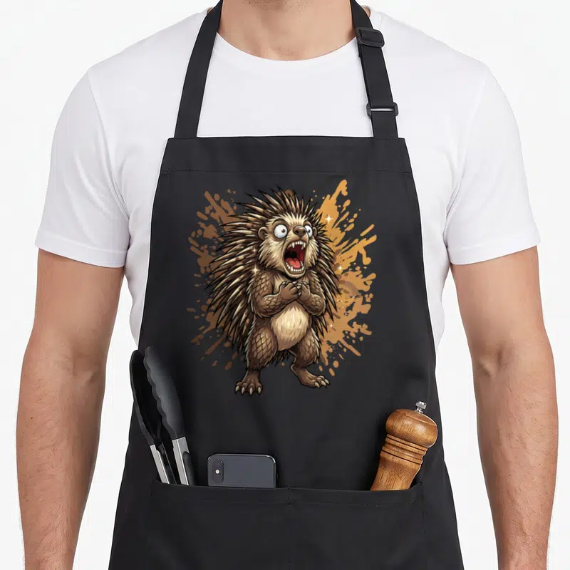 Hedgehog cartoon apron - Screaming brown porcupine standing on orange and brown paint splatters — shown on a black cotton canvas apron against a white background