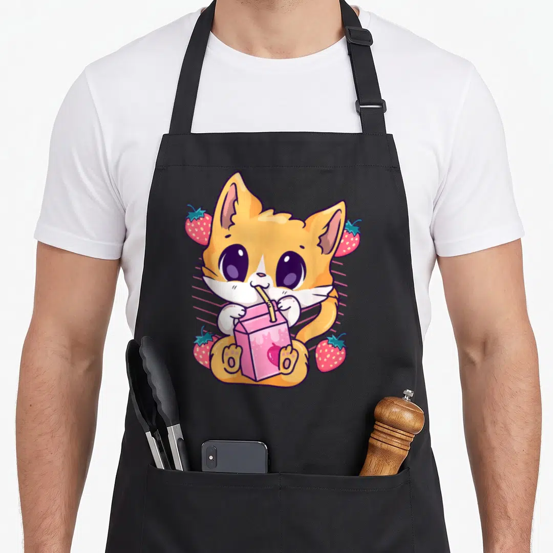Cat milk aprons - Orange cartoon cat holding pink juice box with red strawberries scattered around — shown on a black cotton canvas apron against a white background