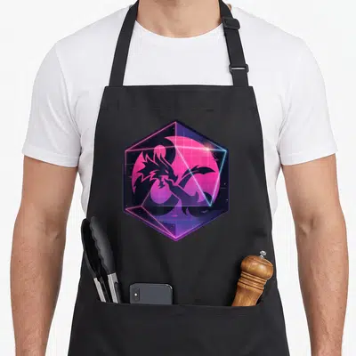 Dice ampersand apron - Purple dragon silhouette over pink circle and grid inside neon hexagon — shown on a black cotton canvas apron against a white background