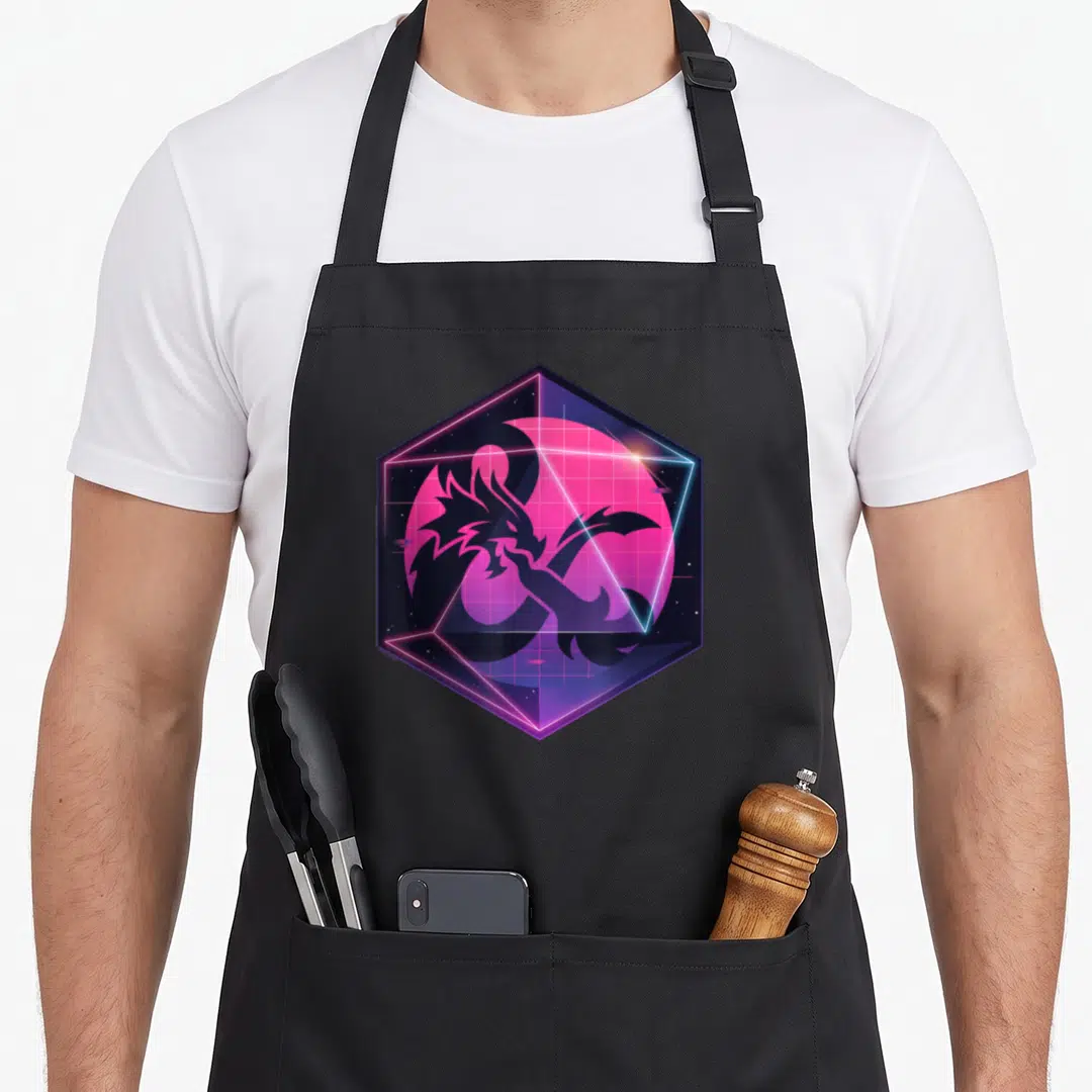 Dice ampersand apron - Purple dragon silhouette over pink circle and grid inside neon hexagon — shown on a black cotton canvas apron against a white background
