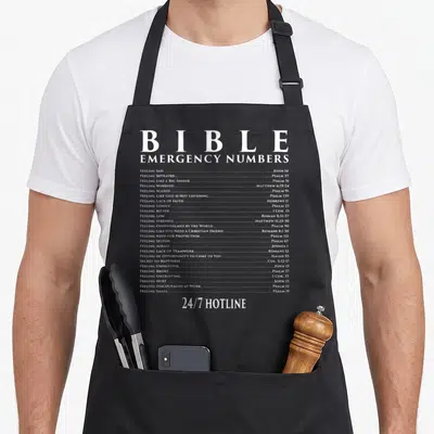 Bible christian apron - White text list pairing feelings like sad and scared with Bible verses and hotline number — shown on a black cotton canvas apron against a white background