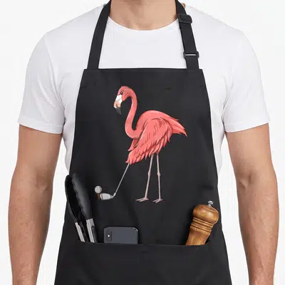 Golf flamingo apron - Cartoon pink flamingo holding silver golf club hitting white ball on brown tee — shown on a black cotton canvas apron against a white background