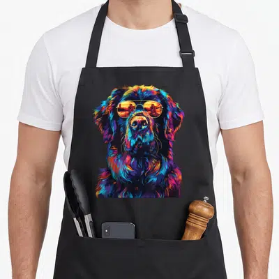 Newfoundland pop dog apron - Multicolored cartoon Newfoundland dog head wearing sunglasses reflecting a beach scene — shown on a black cotton canvas apron against a white background