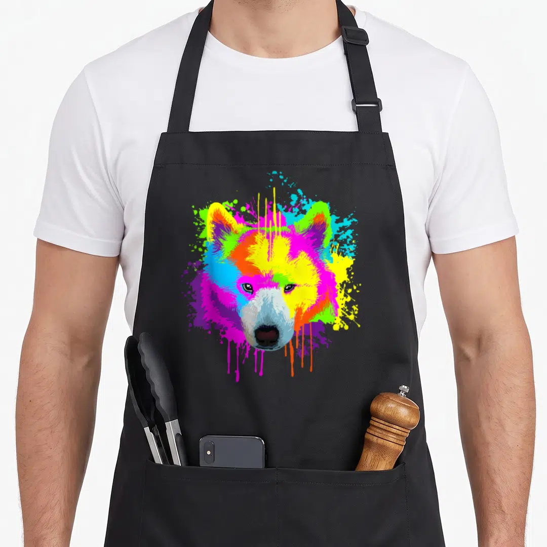 Splash samoyed dog apron - Cartoon dog head with yellow pink blue green purple paint splatters and drips — shown on a black cotton canvas apron against a white background