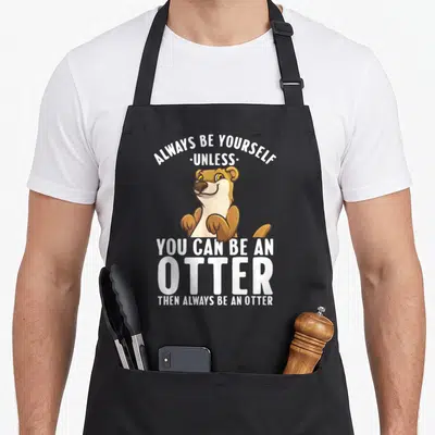 River animal apron - Cartoon otter in brown and tan with text Always Be Yourself Unless You Can Be An Otter — shown on a black cotton canvas apron against a white background