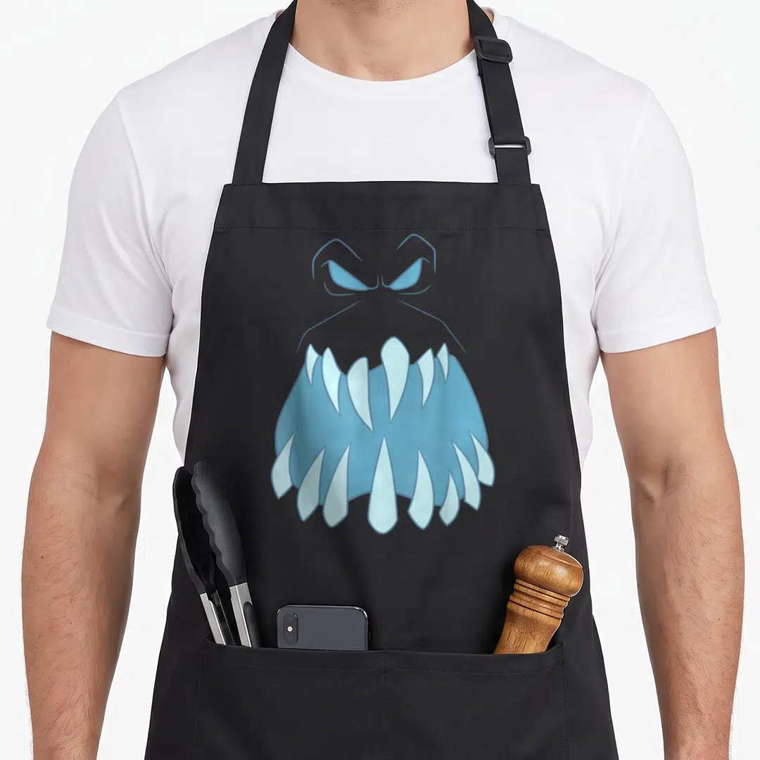Marshmallow frozen apron - Blue and white cartoon monster mouth with sharp teeth and angry eyes — shown on a black cotton canvas apron against a white background