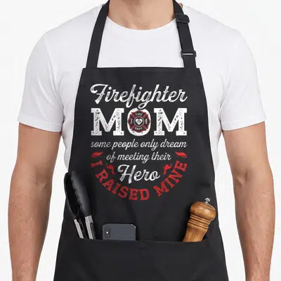 Mother firefighter apron - Distressed white Firefighter Mom text with red flames and badge inside O reading I Raised — shown on a black cotton canvas apron against a white background