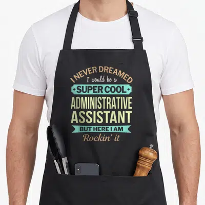 Assistant appreciation administrative apron - Stacked text reading I never dreamed I would be a super cool — shown on a black cotton canvas apron against a white background