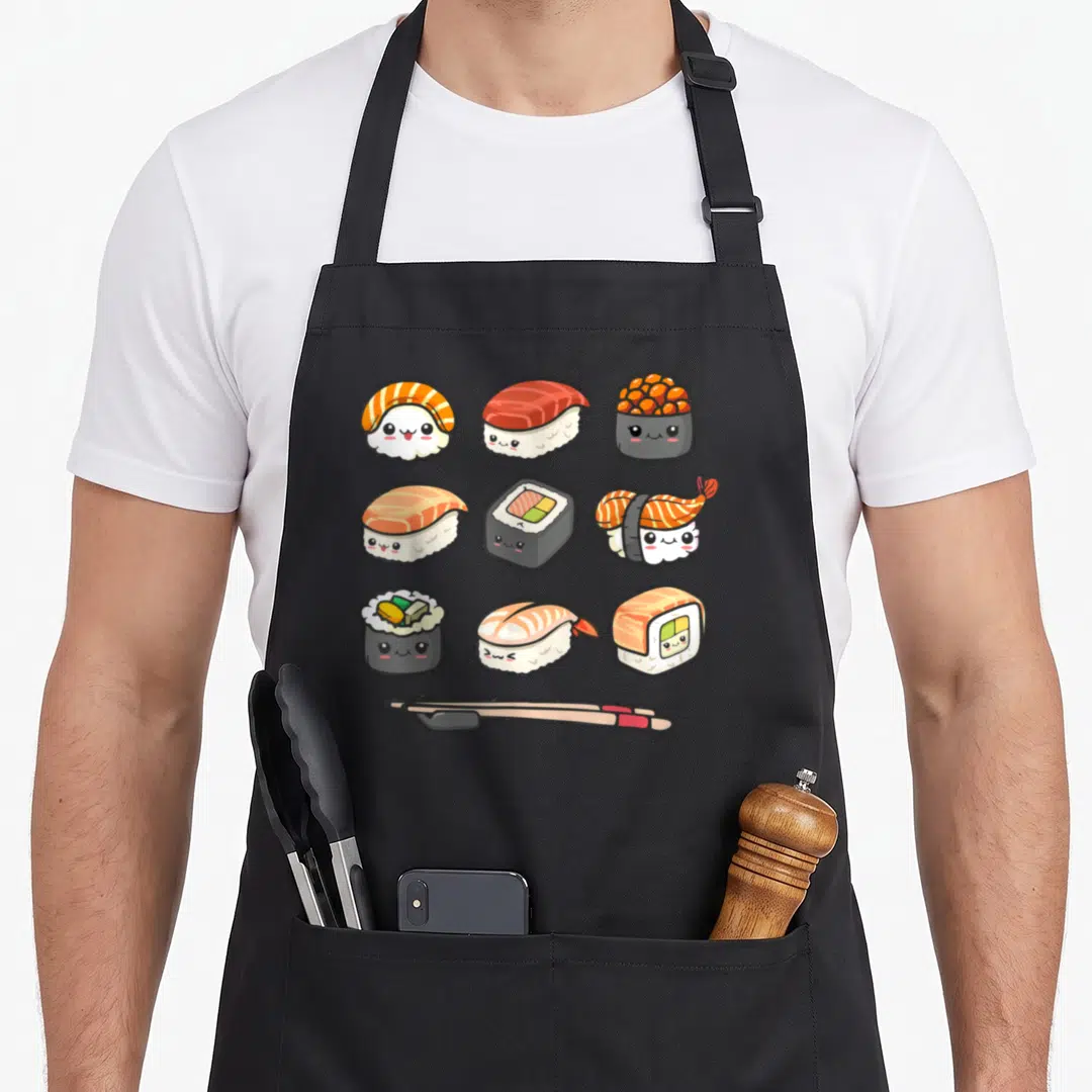 Anime sushi apron - Nine kawaii sushi pieces with faces in a grid above horizontal chopsticks — shown on a black cotton canvas apron against a white background