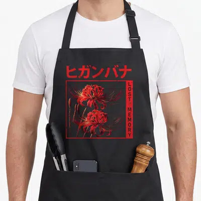 Higanbana white lily apron - Two red spider lilies in red frame with LOST MEMORY text and Katakana on grey background — shown on a black cotton canvas apron against a white background