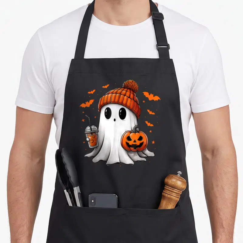 Drinking ice halloween apron - Cartoon white ghost in orange beanie holding iced drink and jack-o-lantern with orange — shown on a black cotton canvas apron against a white background