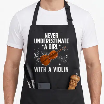 Funny player violinist violin themed accessories stuff apron - Brown cartoon violin with white musical notes and text — shown on a black cotton canvas apron against a white background