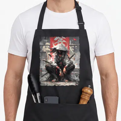 Samurai streetwear apron - Realistic samurai crouching before red sun with katanas and scattered petals — shown on a black cotton canvas apron against a white background