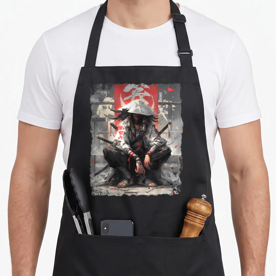 Samurai streetwear apron - Realistic samurai crouching before red sun with katanas and scattered petals — shown on a black cotton canvas apron against a white background