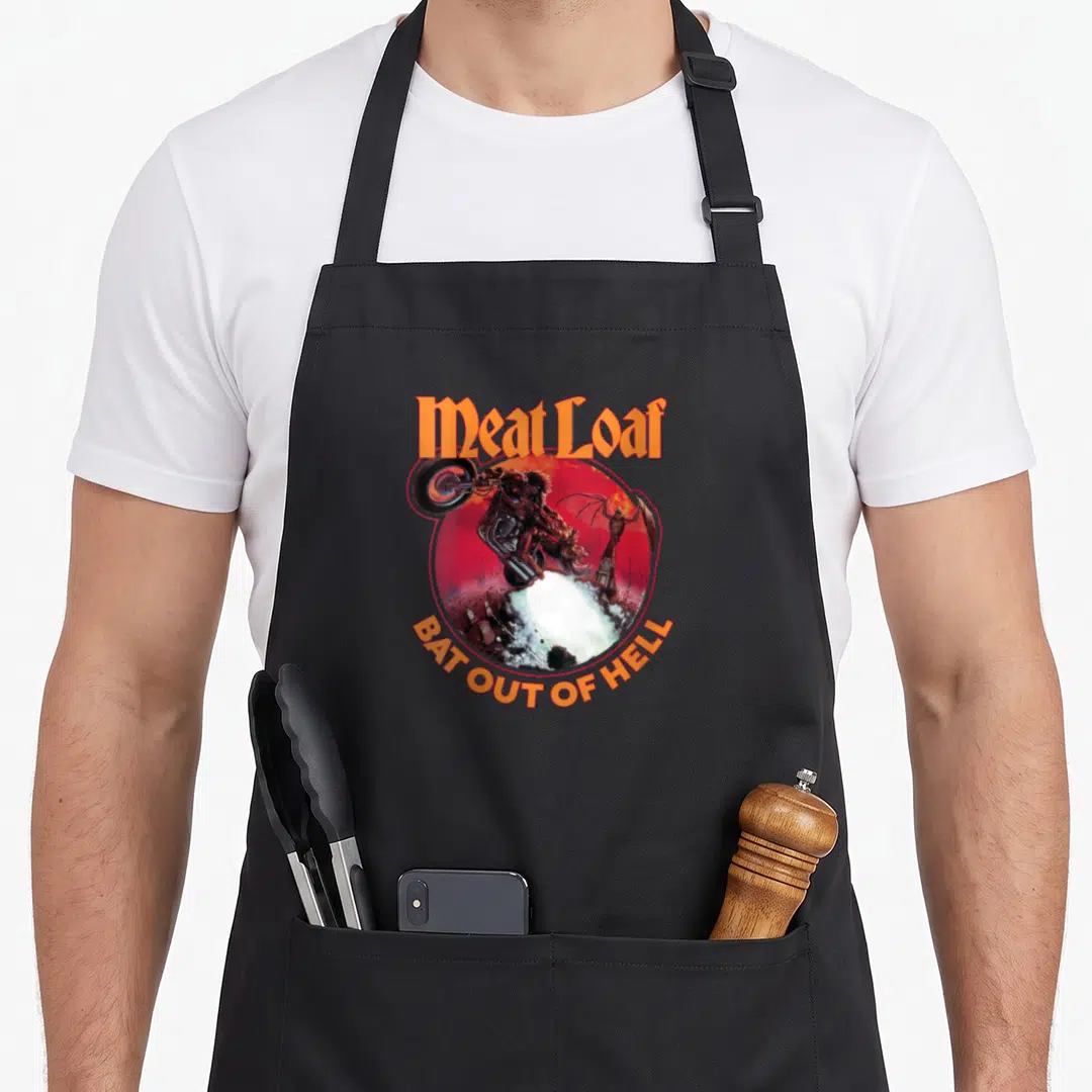 Bat meat aprons - Meat Loaf Bat Out of Hell motorcyclist illustration in red circle — shown on a black cotton canvas apron against a white background