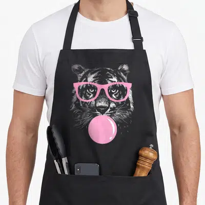 Tiger face apron - Realistic grey tiger wearing pink glasses and blowing a pink bubblegum bubble — shown on a black cotton canvas apron against a white background