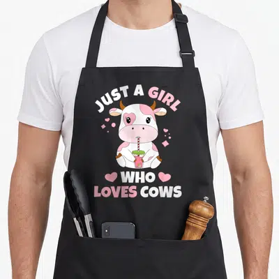 Cow strawberry apron - Cartoon cow holding strawberry drink with text Just A Girl Who Loves Cows and pink hearts — shown on a black cotton canvas apron against a white background