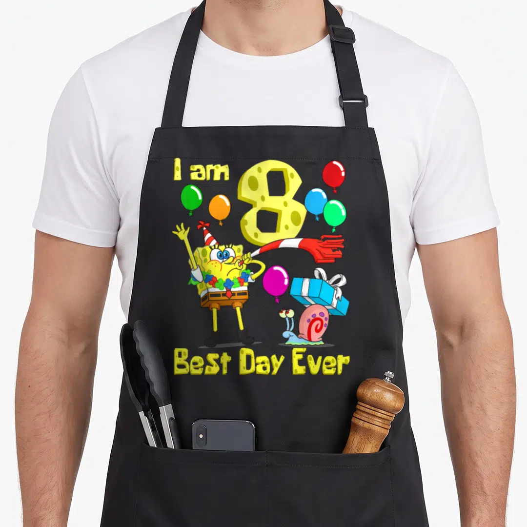 Age birthday party apron - SpongeBob blowing horn near number 8 balloons and Gary snail with gift box — shown on a black cotton canvas apron against a white background
