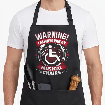 Alway chair apron - Distressed red and white warning text around wheelchair symbol with musical notes and stars — shown on a black cotton canvas apron against a white background