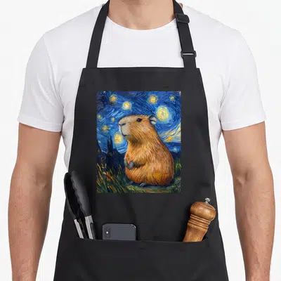 Capybara starry van gogh apron - Brown capybara sitting in green grass under a swirling blue starry night sky — shown on a black cotton canvas apron against a white background