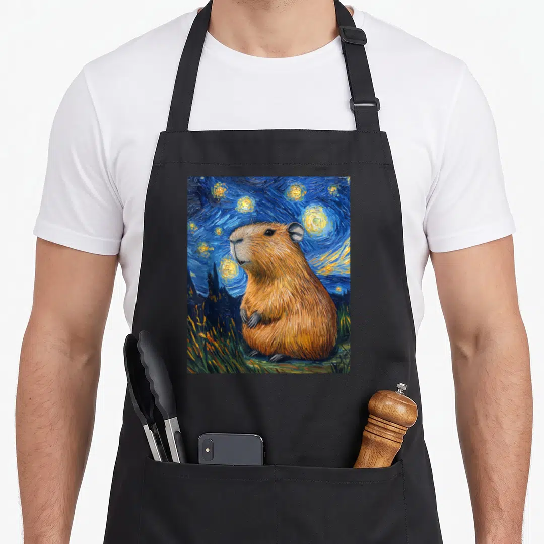 Capybara starry van gogh apron - Brown capybara sitting in green grass under a swirling blue starry night sky — shown on a black cotton canvas apron against a white background