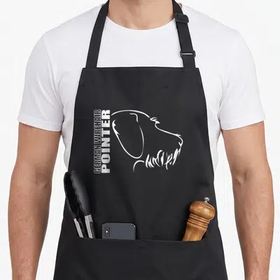 Wirehair pointer apron - White line art German Wirehair Pointer profile with vertical text on black fabric — shown on a black cotton canvas apron against a white background