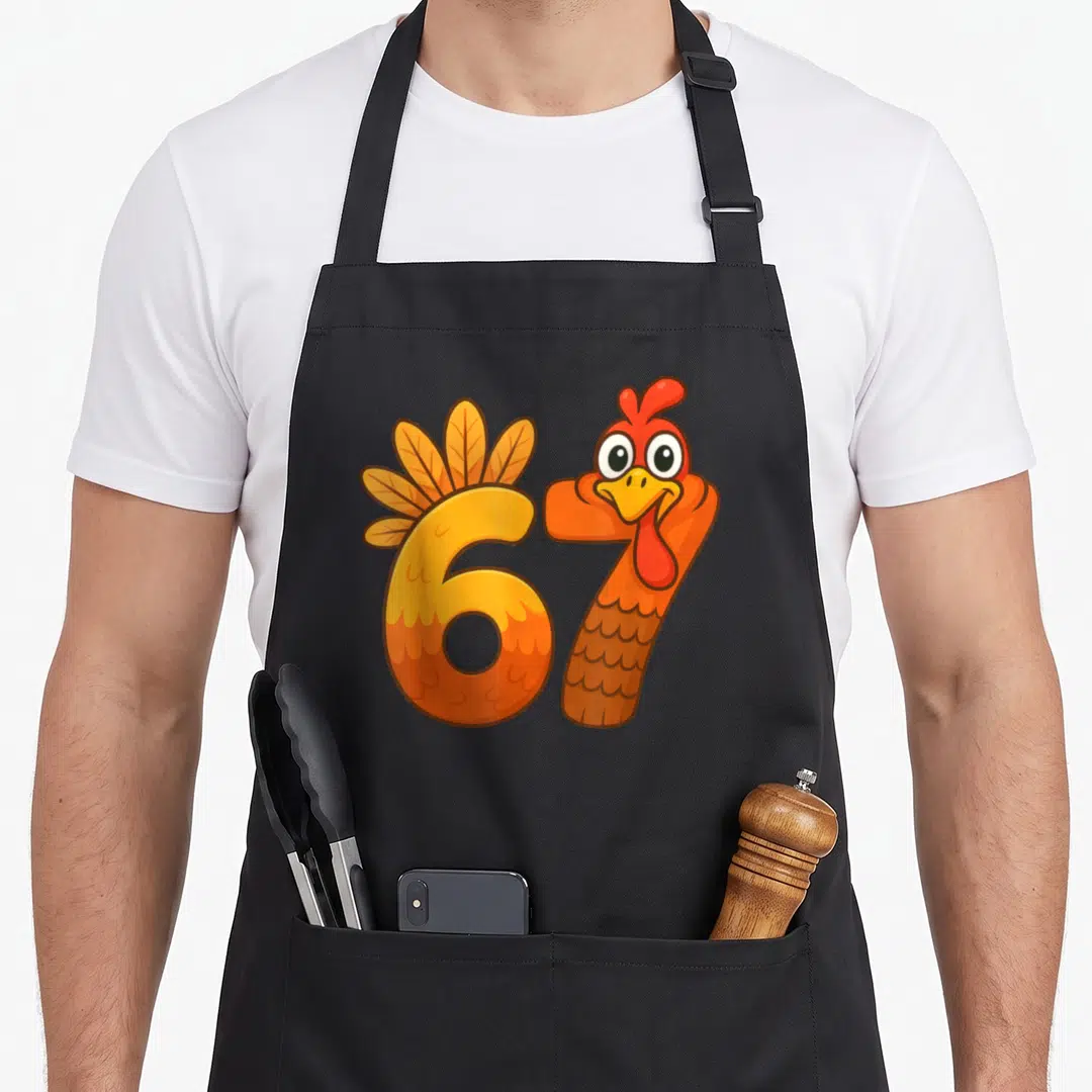 Six thanksgiving apron - Cartoon turkey shape formed by orange and brown numbers 6 and 7 — shown on a black cotton canvas apron against a white background