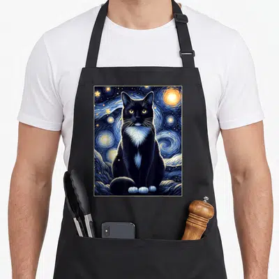Starry tuxedo apron - Realistic black cat with white chest against swirling blue yellow starry night sky with beige — shown on a black cotton canvas apron against a white background
