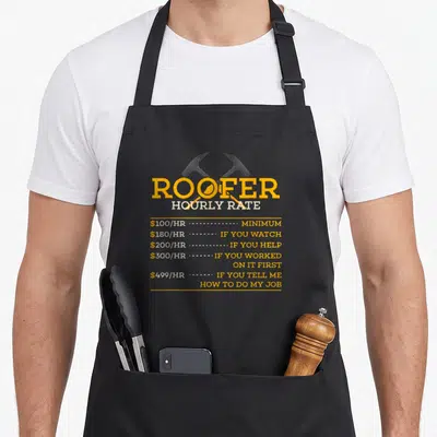 Hourly roofer apron - Crossed roofing hammers above hourly rate list with sarcasm text in yellow and white — shown on a black cotton canvas apron against a white background