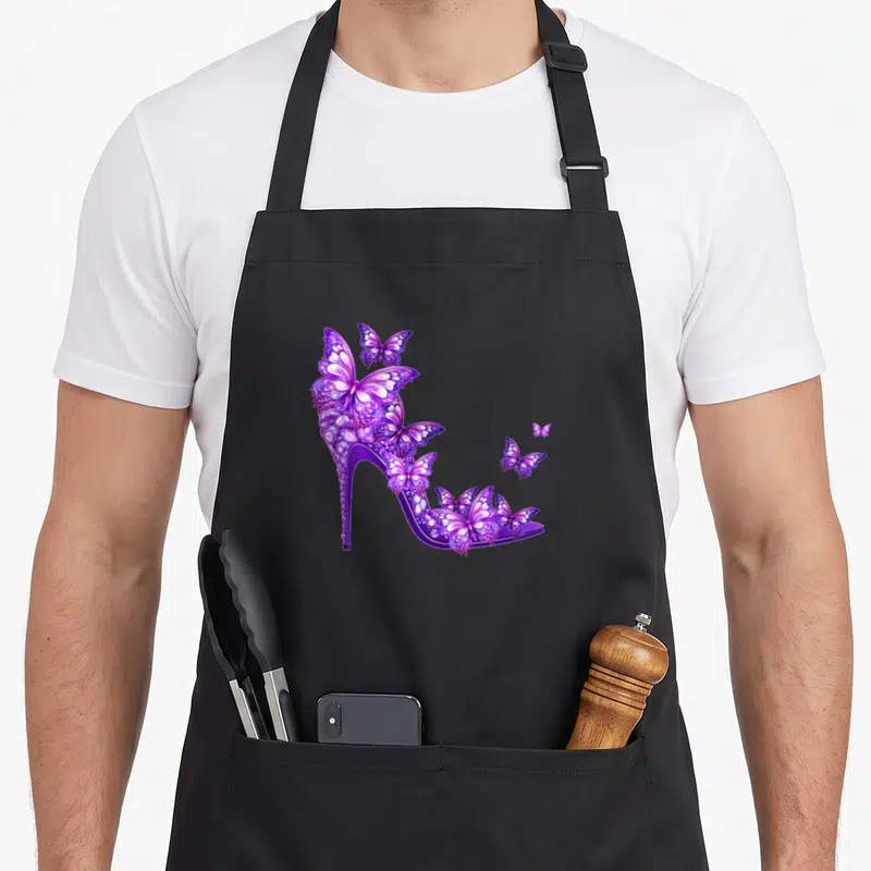 Heel floral apron - Purple high heel shoe formed from butterflies with magenta accents and flying insects to the right — shown on a black cotton canvas apron against a white background
