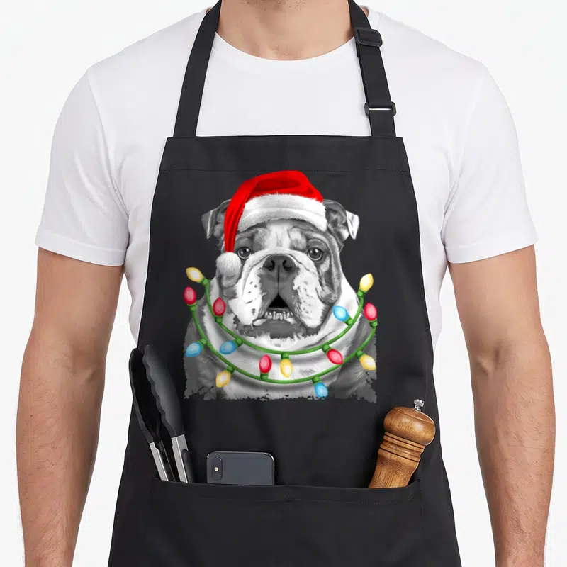 Christmas english chef aprons - Realistic bulldog wearing red Santa hat wrapped in green Christmas lights with red — shown on a black cotton canvas apron against a white background
