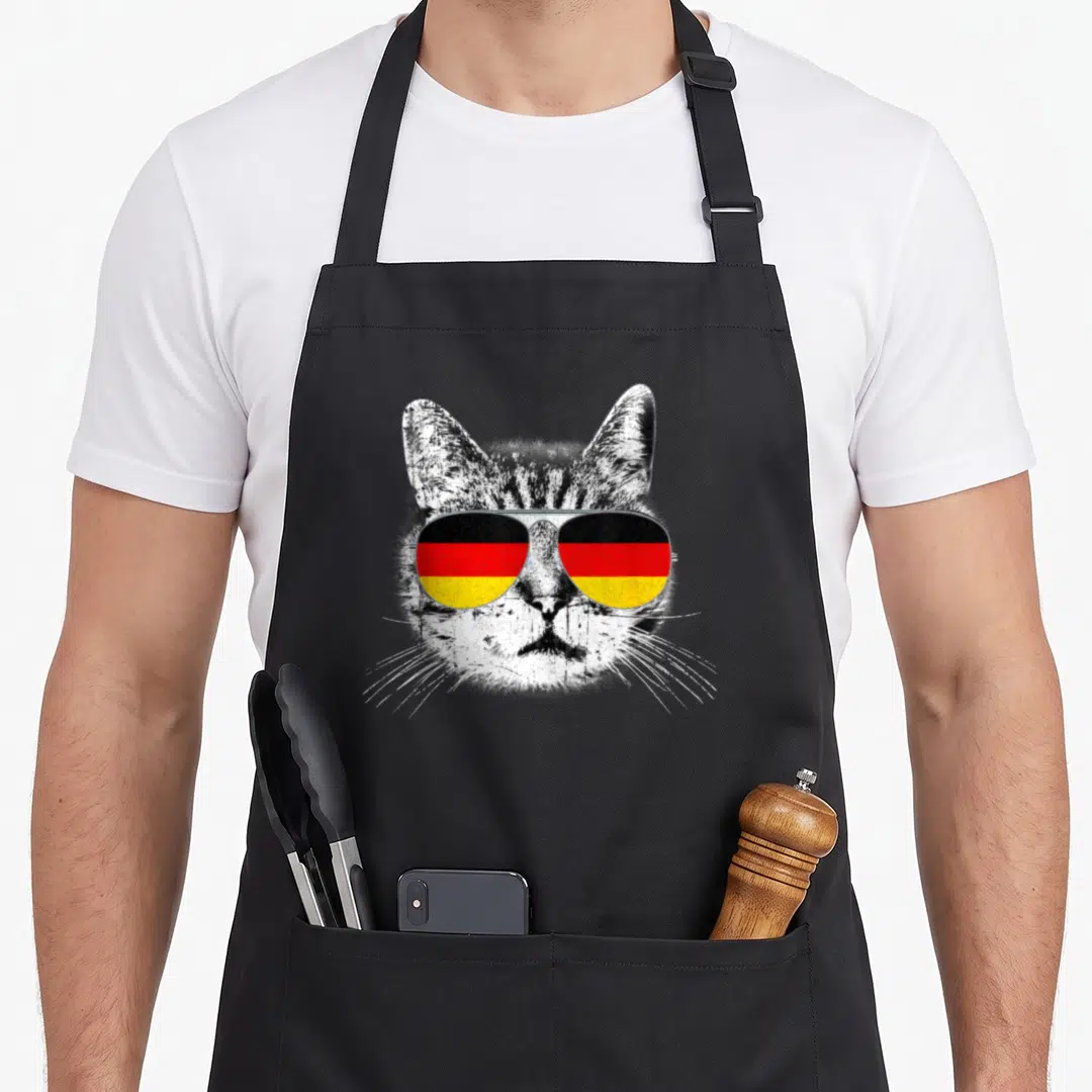 Cat german oktoberfest aprons - Realistic cat head wearing aviator sunglasses with lenses displaying red, black — shown on a black cotton canvas apron against a white background