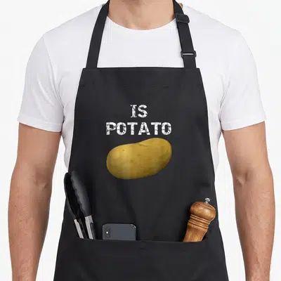 Seen potato apron - White IS POTATO text stacked above a brown cartoon potato illustration — shown on a black cotton canvas apron against a white background
