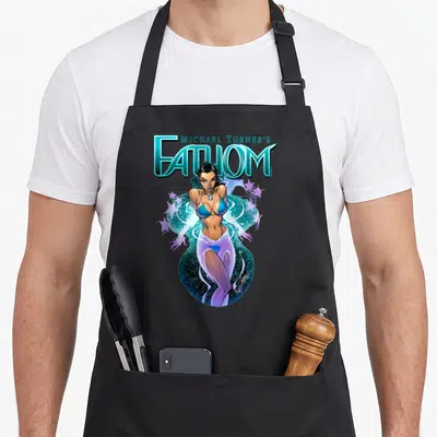 Matthew aspen apron - Woman in blue bikini surrounded by purple stars and blue water swirls under stylized title text — shown on a black cotton canvas apron against a white background